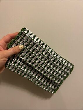 Handmade Green and Silver Upcycled Clutch Bag crocheted with Pop tabs